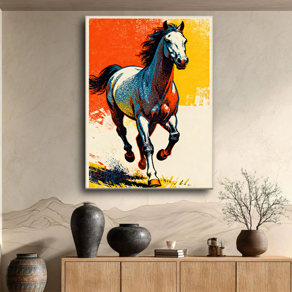 Electric Hooves horse wall art, displayed above a wooden console.