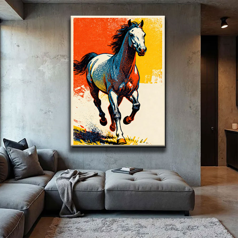 Electric Hooves horse wall art, displayed above a gray sofa.