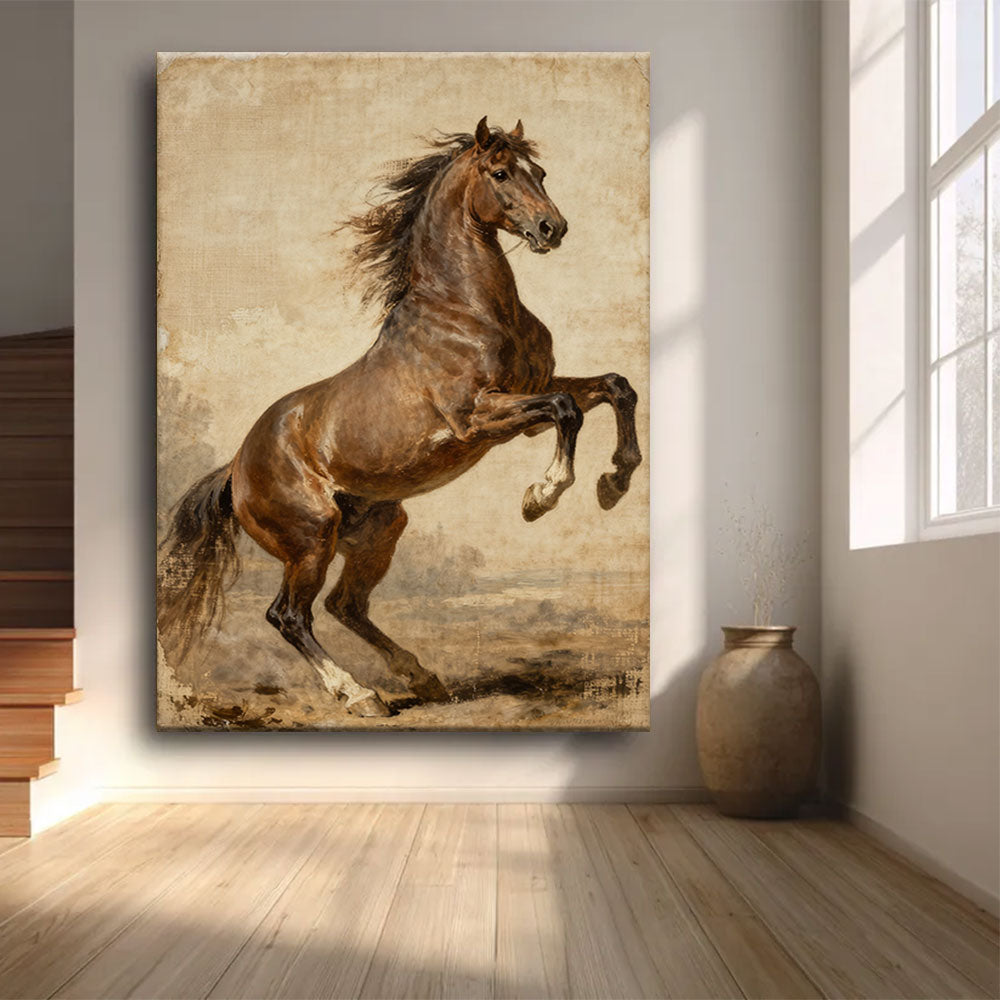 Sepia Spirit horse wall art, front view in a softly lit room.