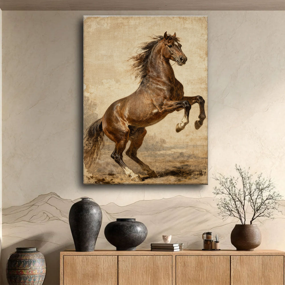 Sepia Spirit horse wall art, displayed above a wooden console.