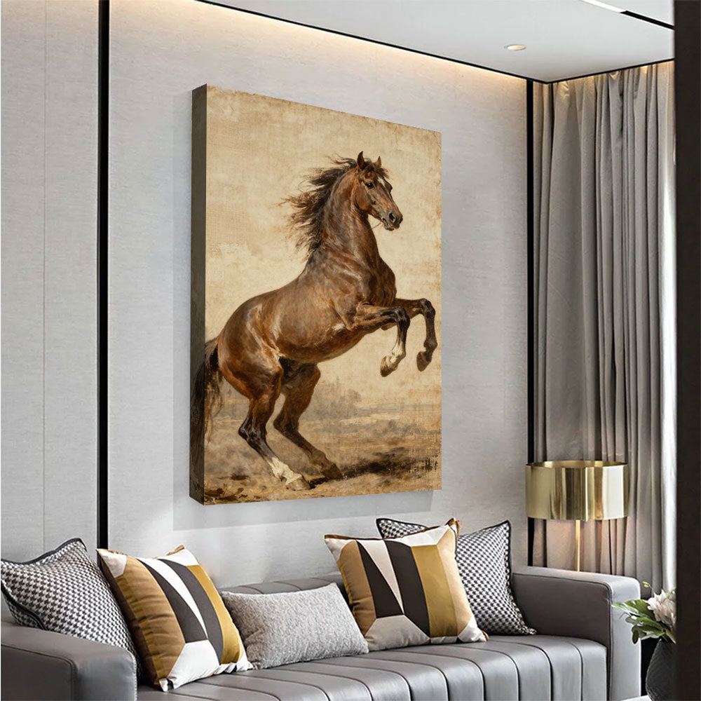Sepia Spirit horse wall art, angled view above a neutral sofa.