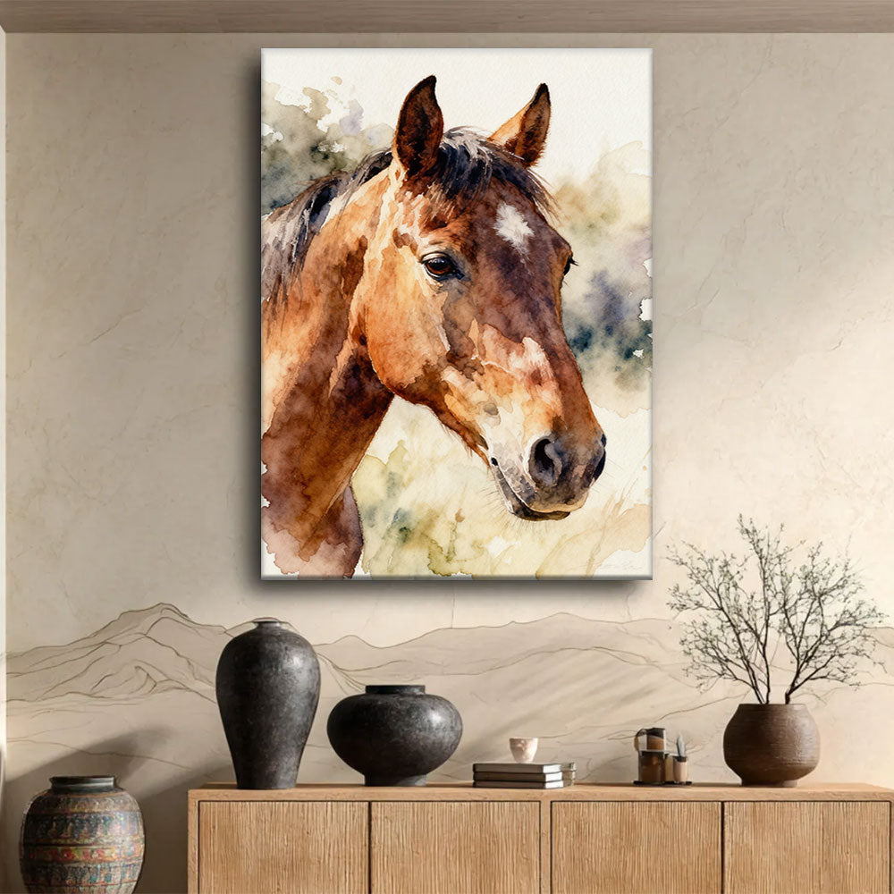 Gentle Chestnut horse wall art, displayed above a wooden console.