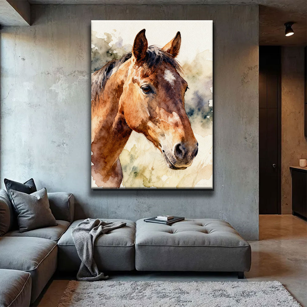 Gentle Chestnut horse wall art, displayed above a gray sofa.