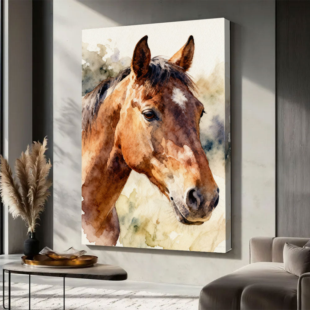 Gentle Chestnut horse wall art, displayed in a neutral living space.