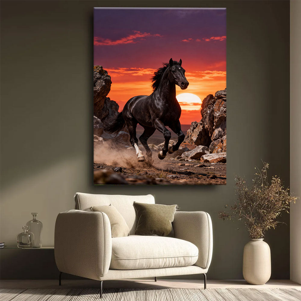 Canyon Ember horse wall art, styled beside a neutral armchair.