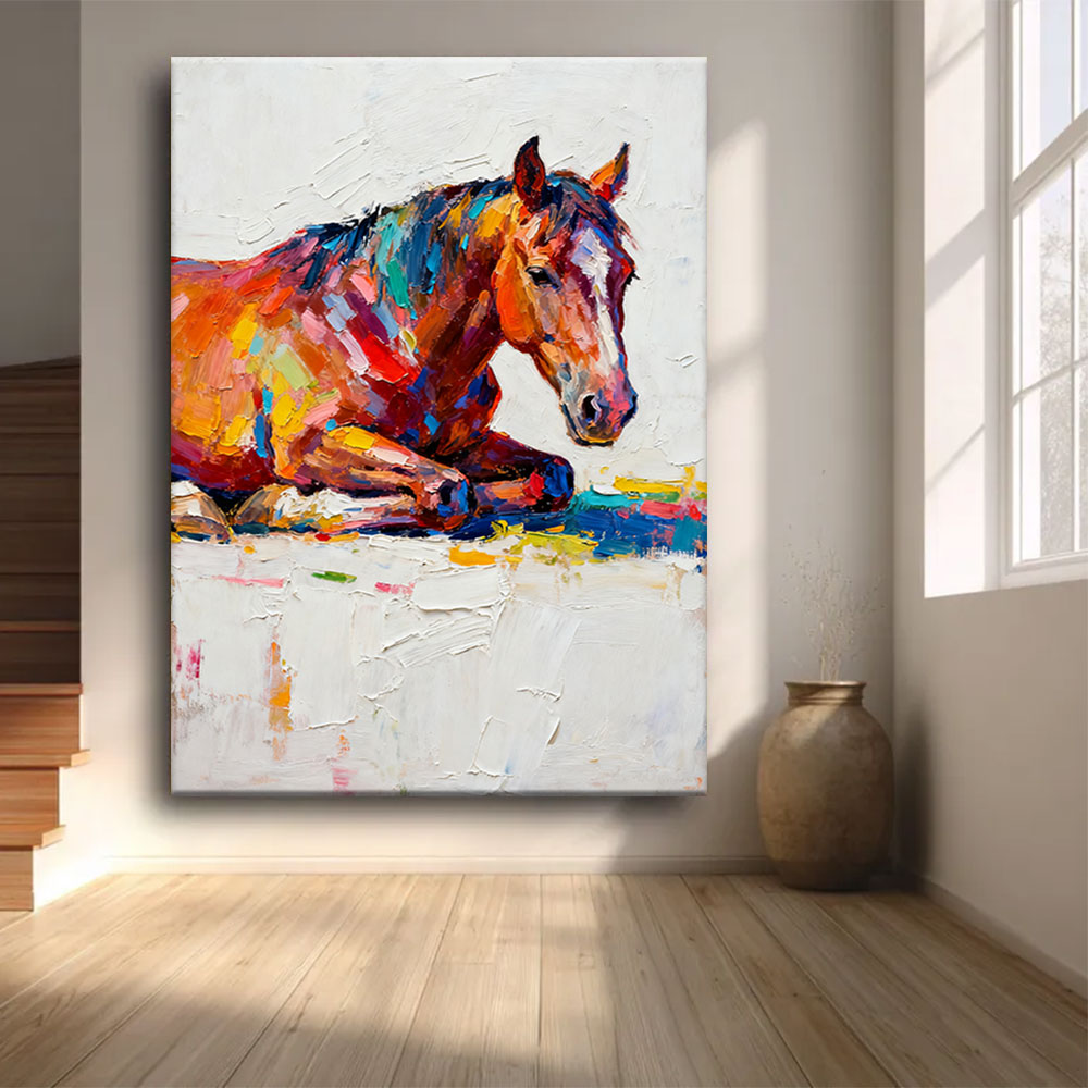 Rest in Full Color horse wall art, front view in a softly lit room.