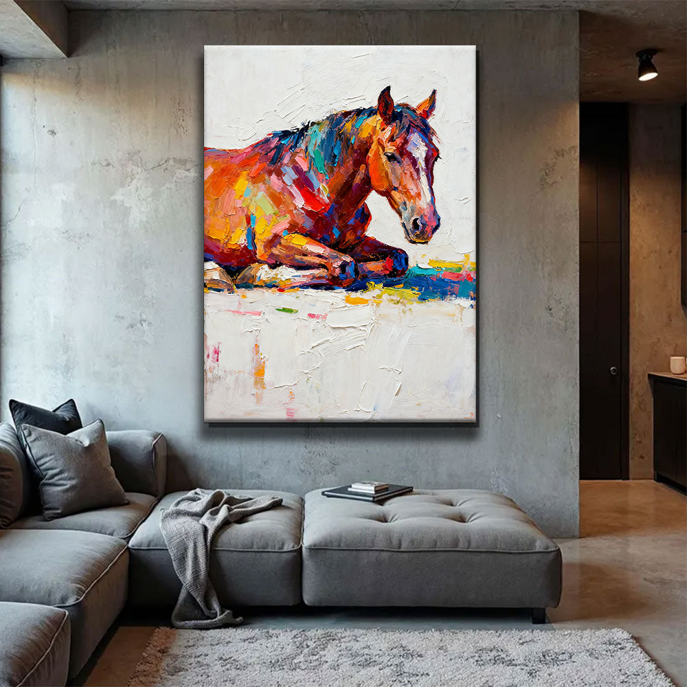 Rest in Full Color horse wall art, displayed above a gray sofa.