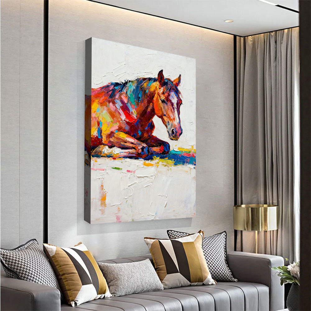 Rest in Full Color horse wall art, angled view above a neutral sofa.