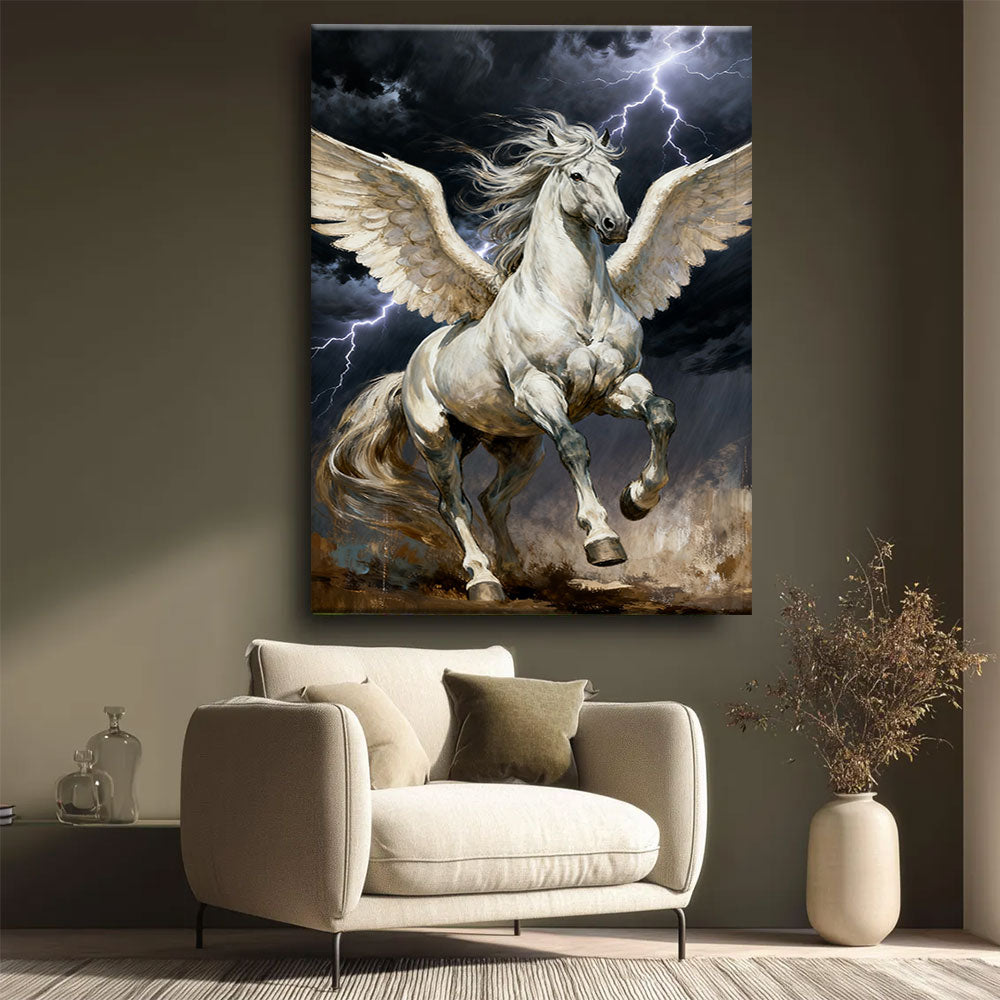 Wings of the Storm horse wall art, styled beside a neutral armchair.