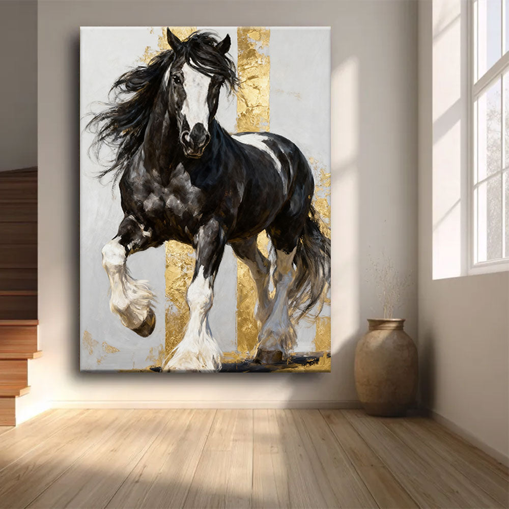Bold in Black and White horse wall art, front view in a softly lit room.