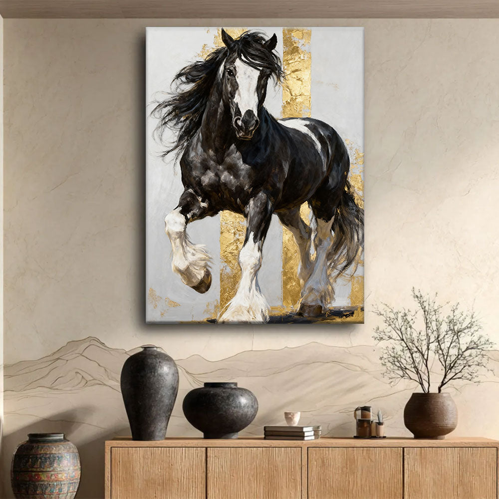 Bold in Black and White horse wall art, displayed above a wooden console.