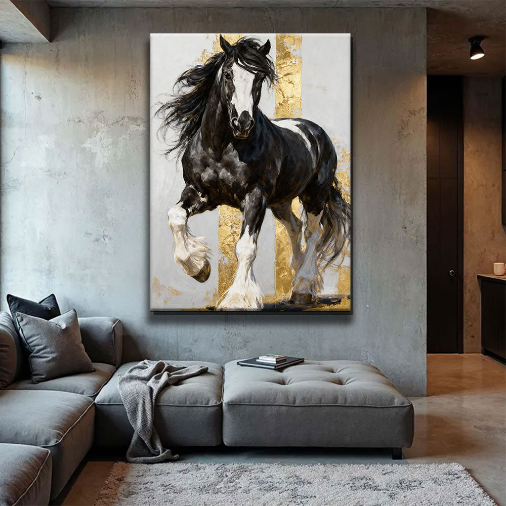 Bold in Black and White horse wall art, displayed above a gray sofa.