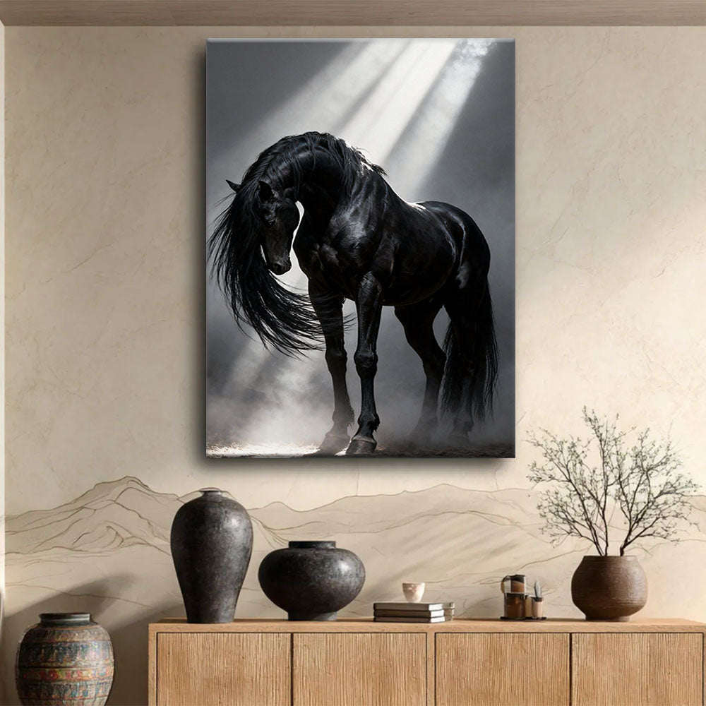 Velvet Shadow horse wall art, displayed above a wooden console.