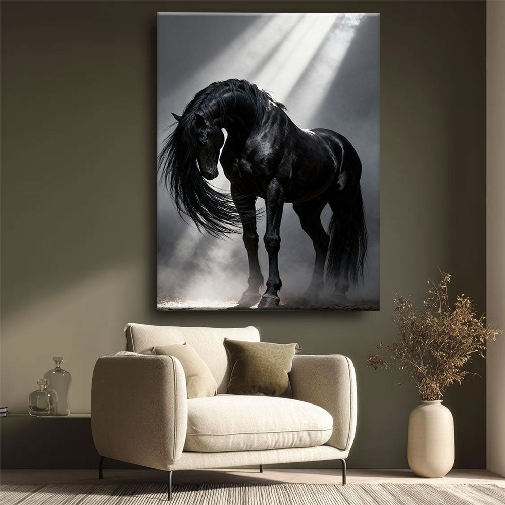 Velvet Shadow horse wall art, styled beside a neutral armchair.