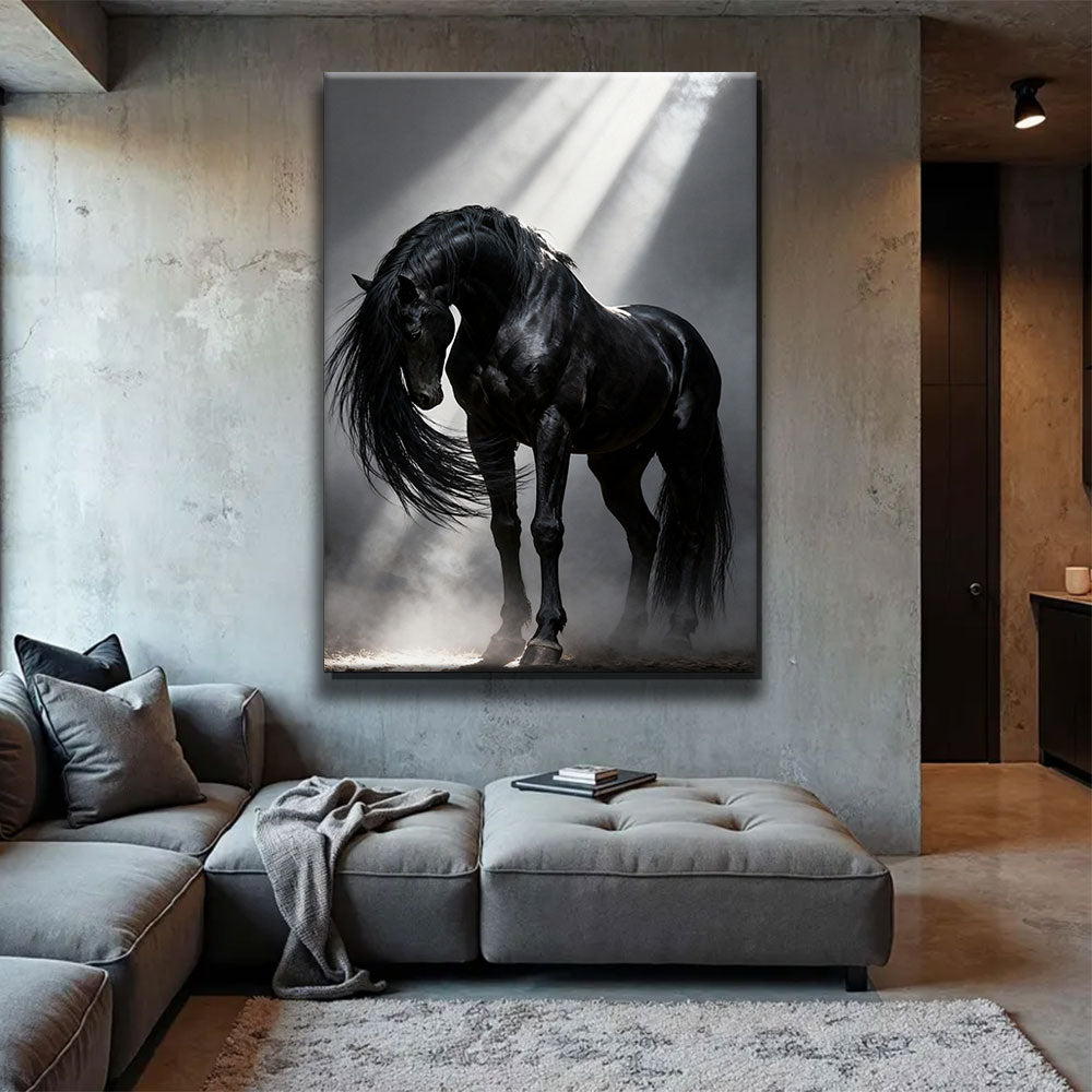 Velvet Shadow horse wall art, displayed above a gray sofa.
