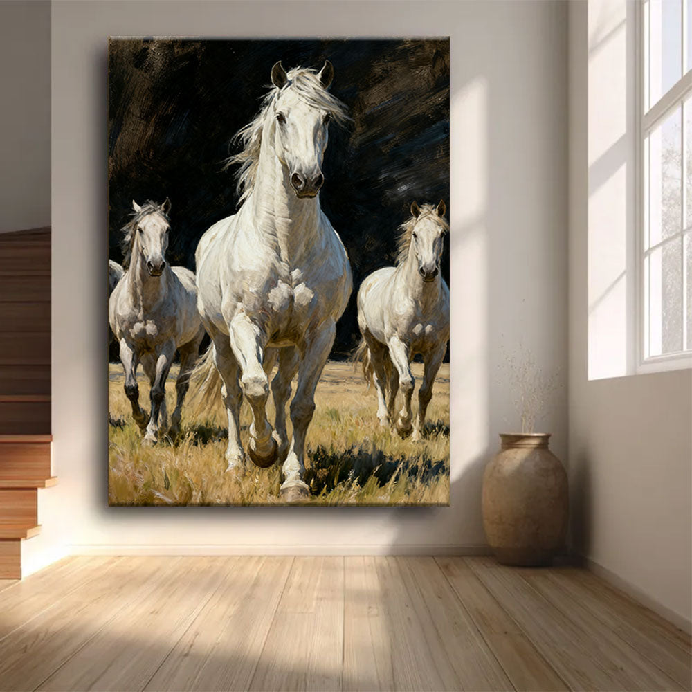 White Horses at Daybreak horse wall art, front view in a softly lit room.