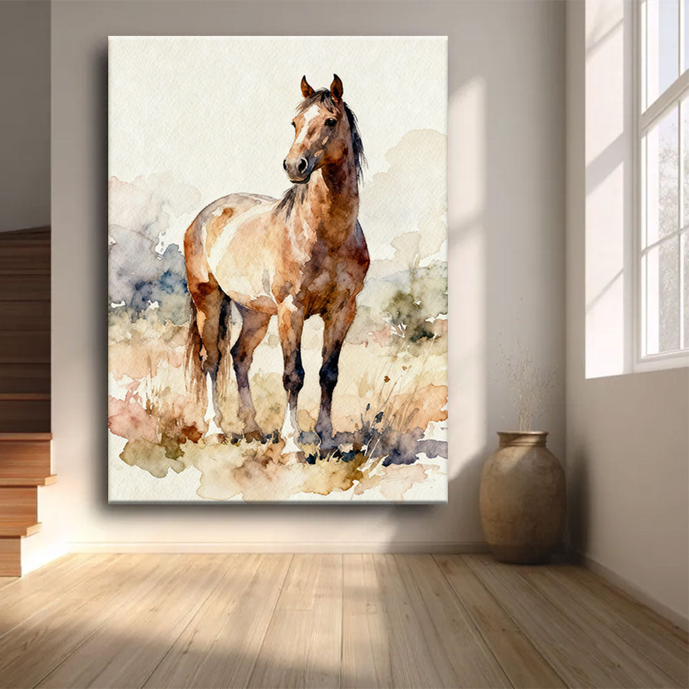 Meadow Companion horse wall art, front view in a softly lit room.