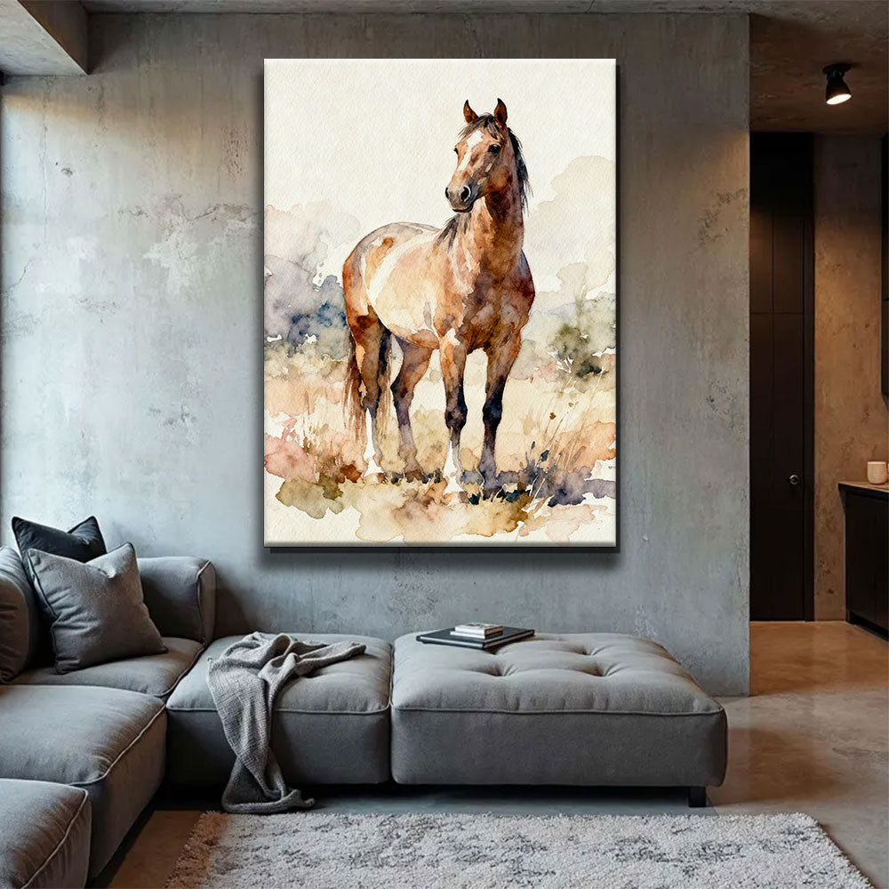 Meadow Companion horse wall art, displayed above a gray sofa.