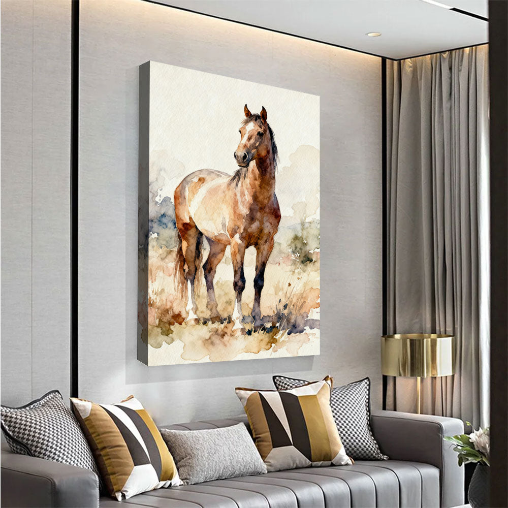 Meadow Companion horse wall art, angled view above a neutral sofa.