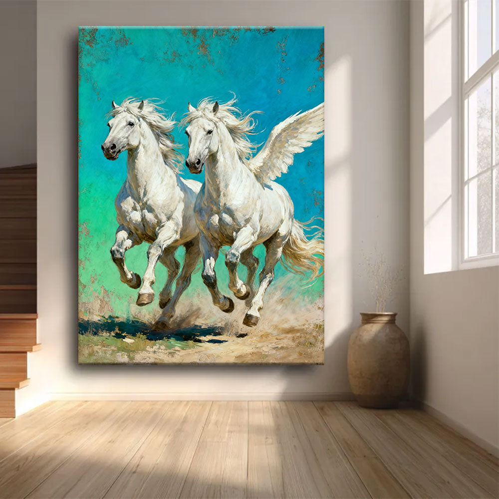 Turquoise Pegasus Pair horse wall art, front view in a softly lit room.