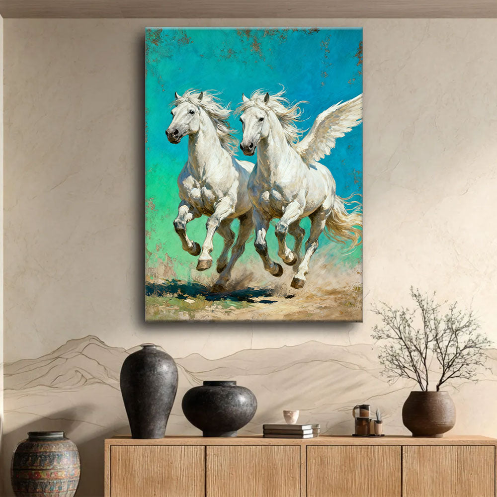 Turquoise Pegasus Pair horse wall art, displayed above a wooden console.