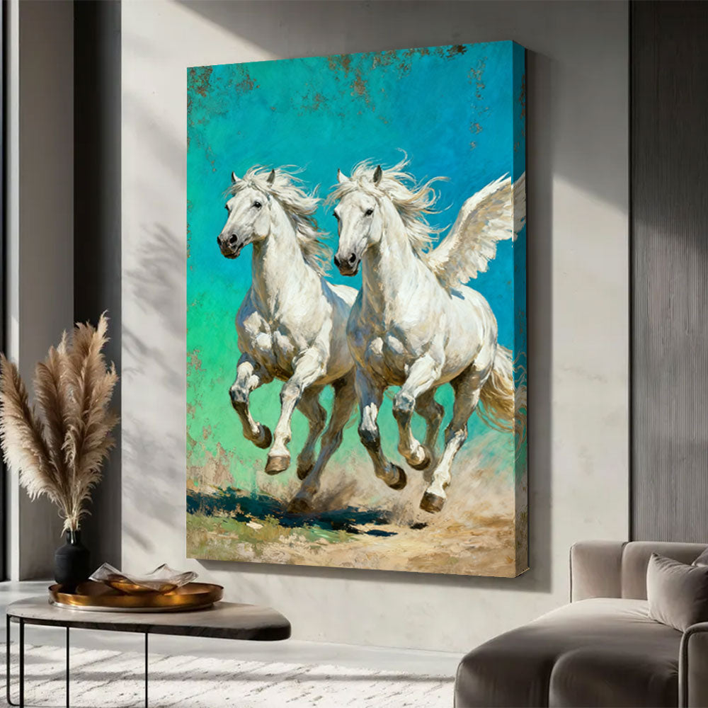 Turquoise Pegasus Pair horse wall art, displayed in a neutral living space.