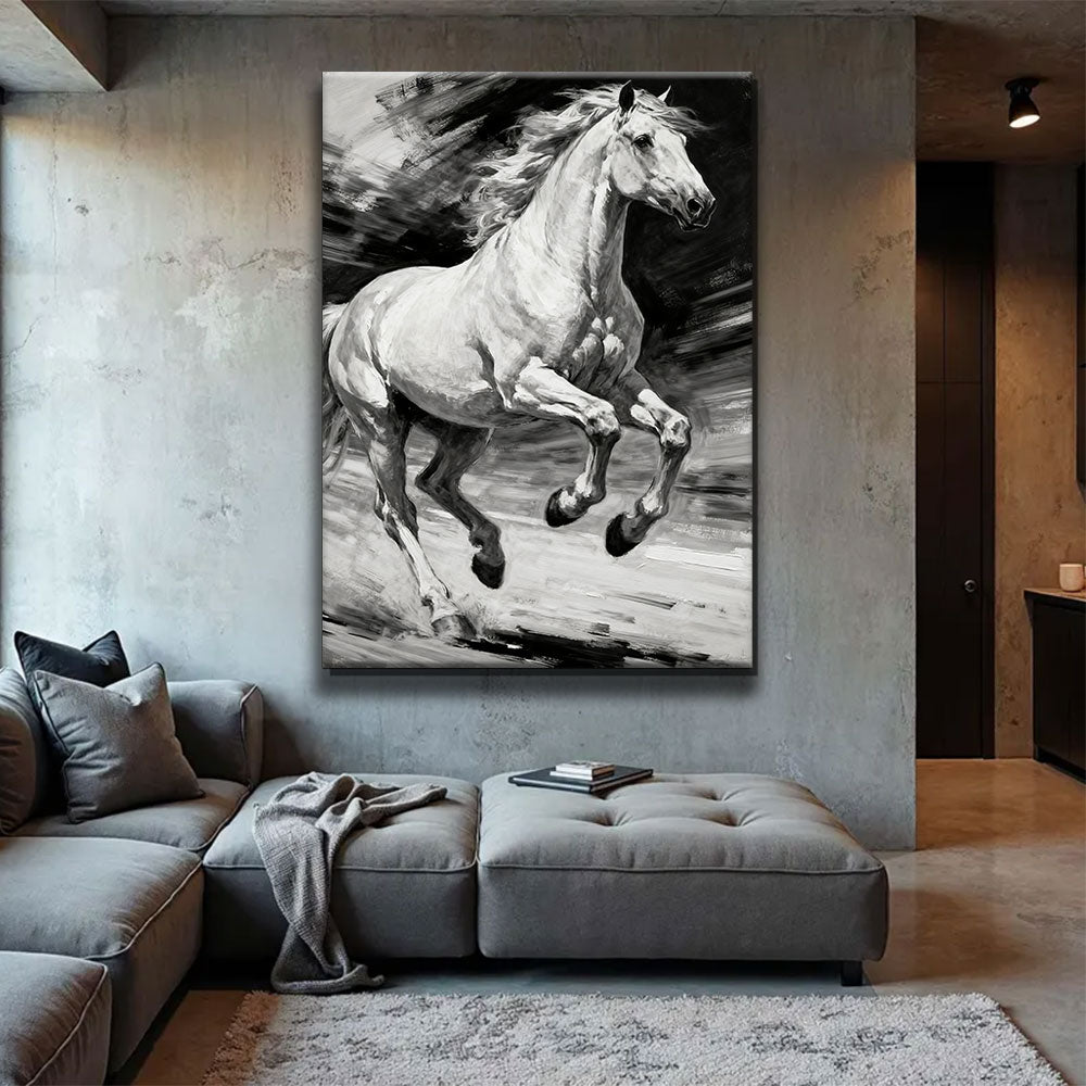 Silver Motion horse wall art, displayed above a gray sofa.