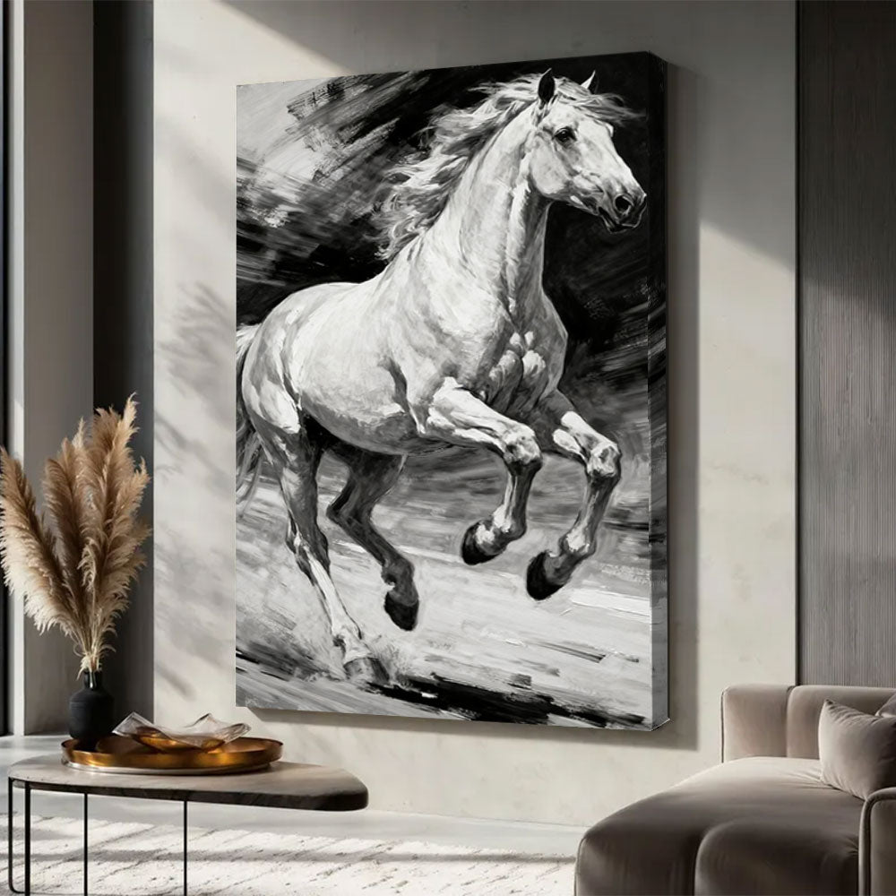 Silver Motion horse wall art, displayed in a neutral living space.