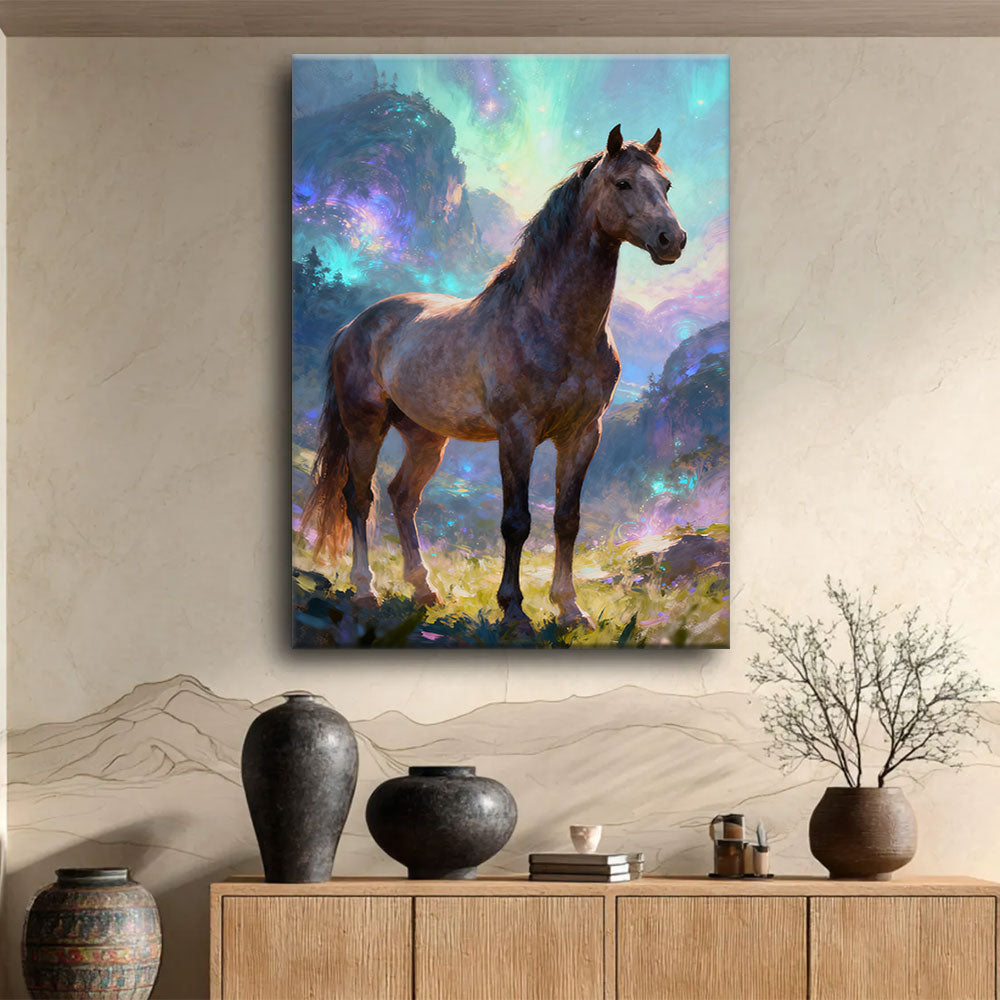 Aurora Meadow horse wall art, displayed above a wooden console.