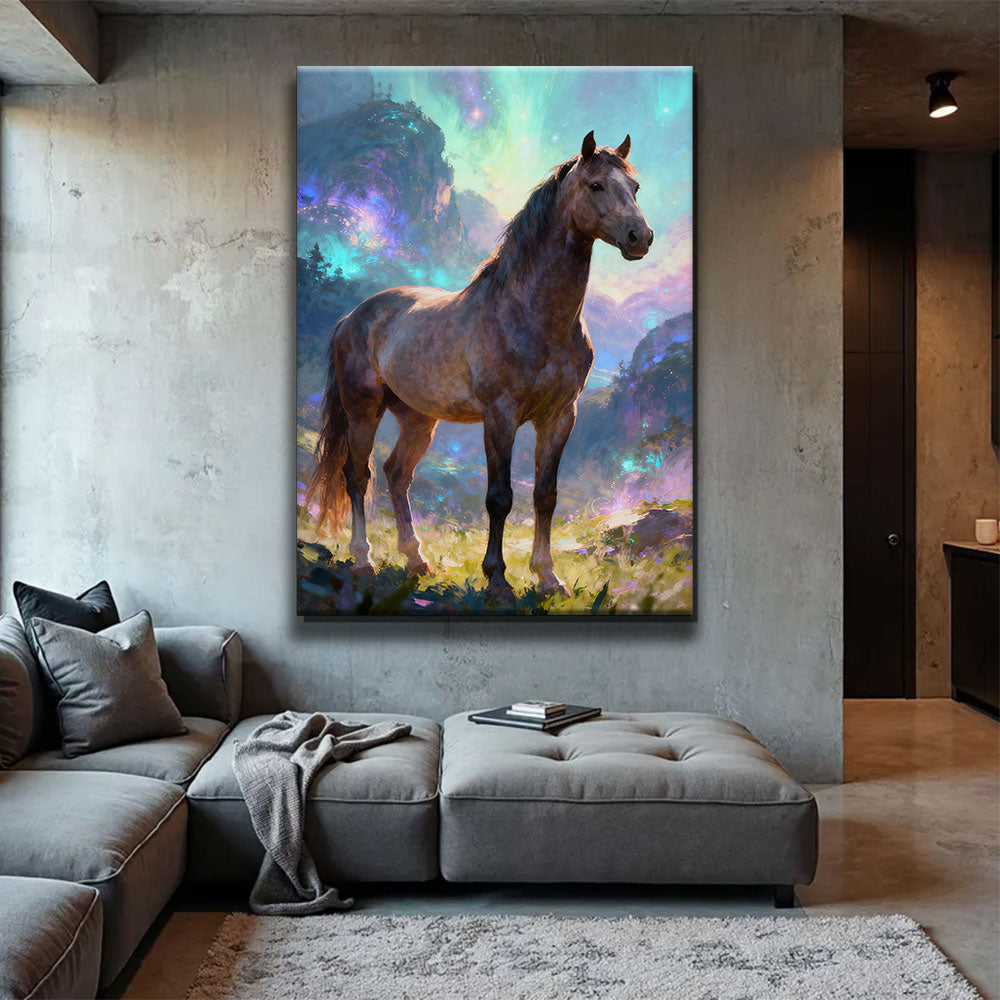 Aurora Meadow horse wall art, displayed above a gray sofa.
