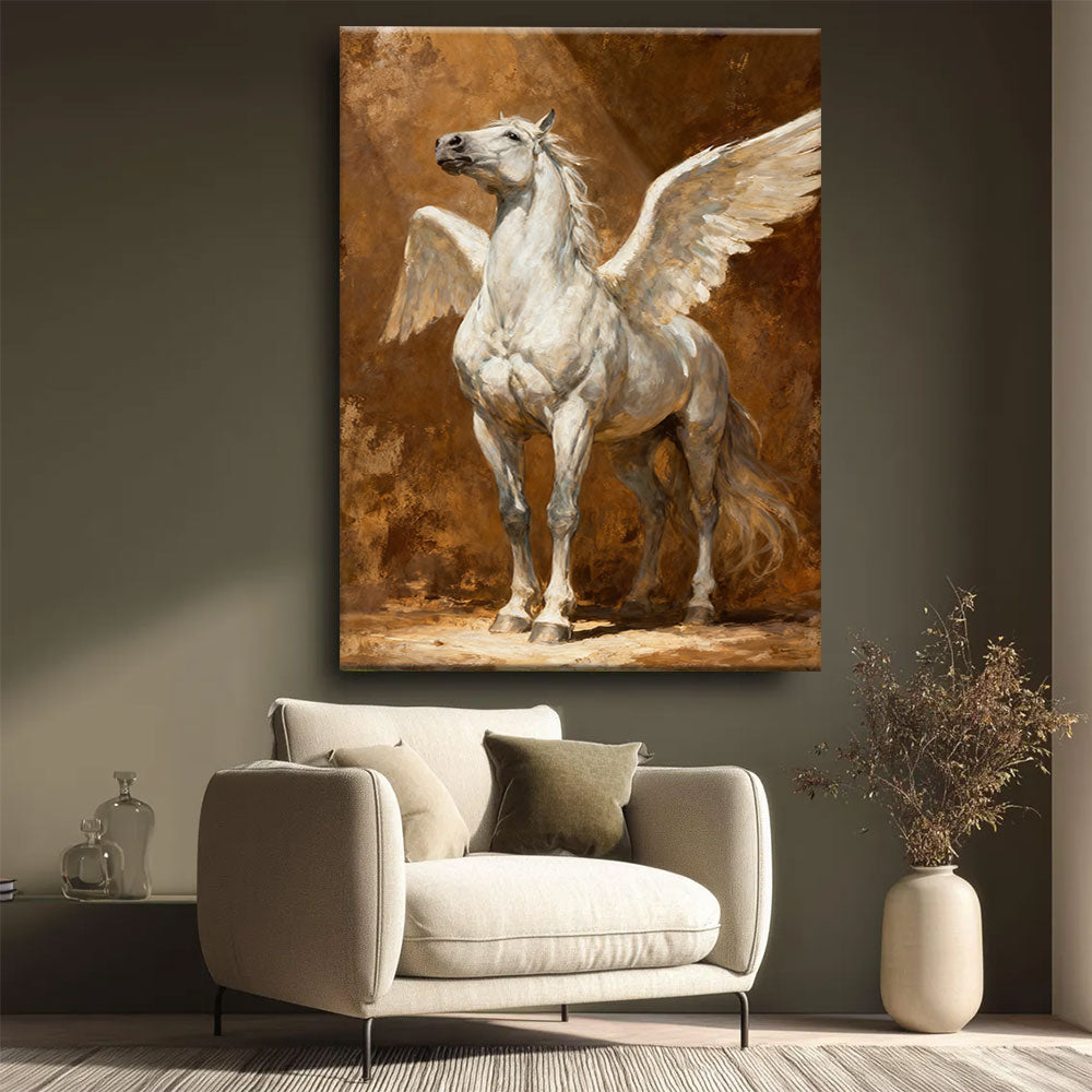 Golden Wings horse wall art, styled beside a neutral armchair.
