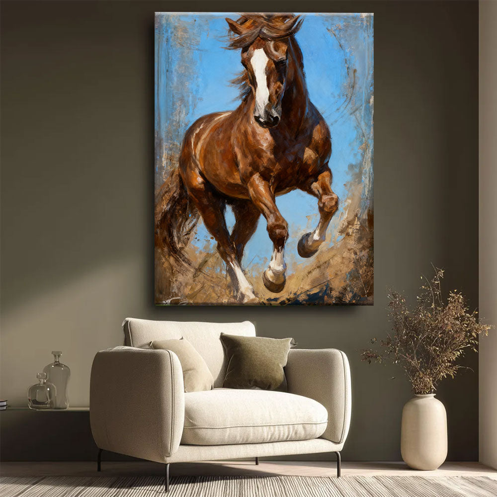 Western Whimsy horse wall art, styled beside a neutral armchair.