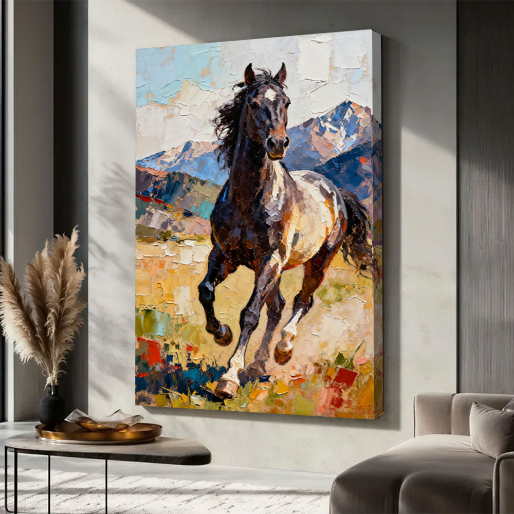 Mountain Runner horse wall art, displayed in a neutral living space.