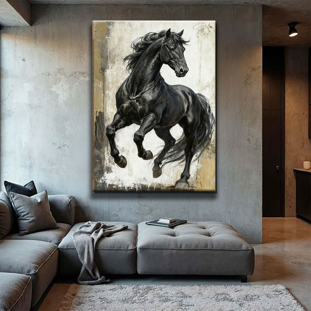Charcoal Stride horse wall art, displayed above a gray sofa.