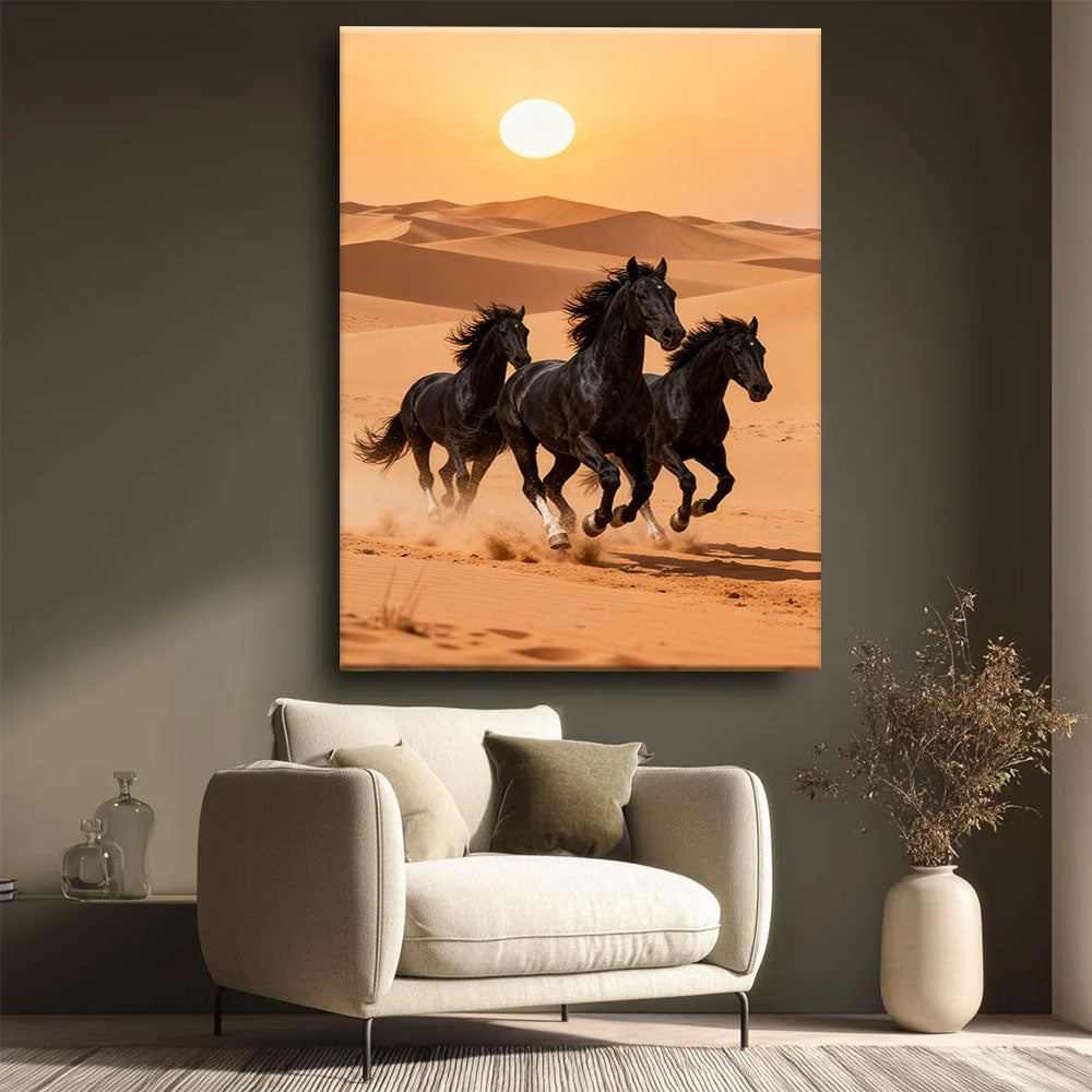 Herd Across the Dunes horse wall art, styled beside a neutral armchair.