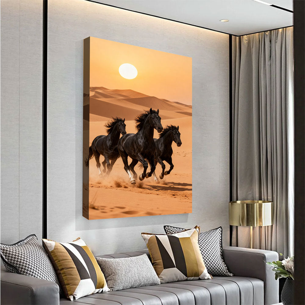 Herd Across the Dunes horse wall art, angled view above a neutral sofa.