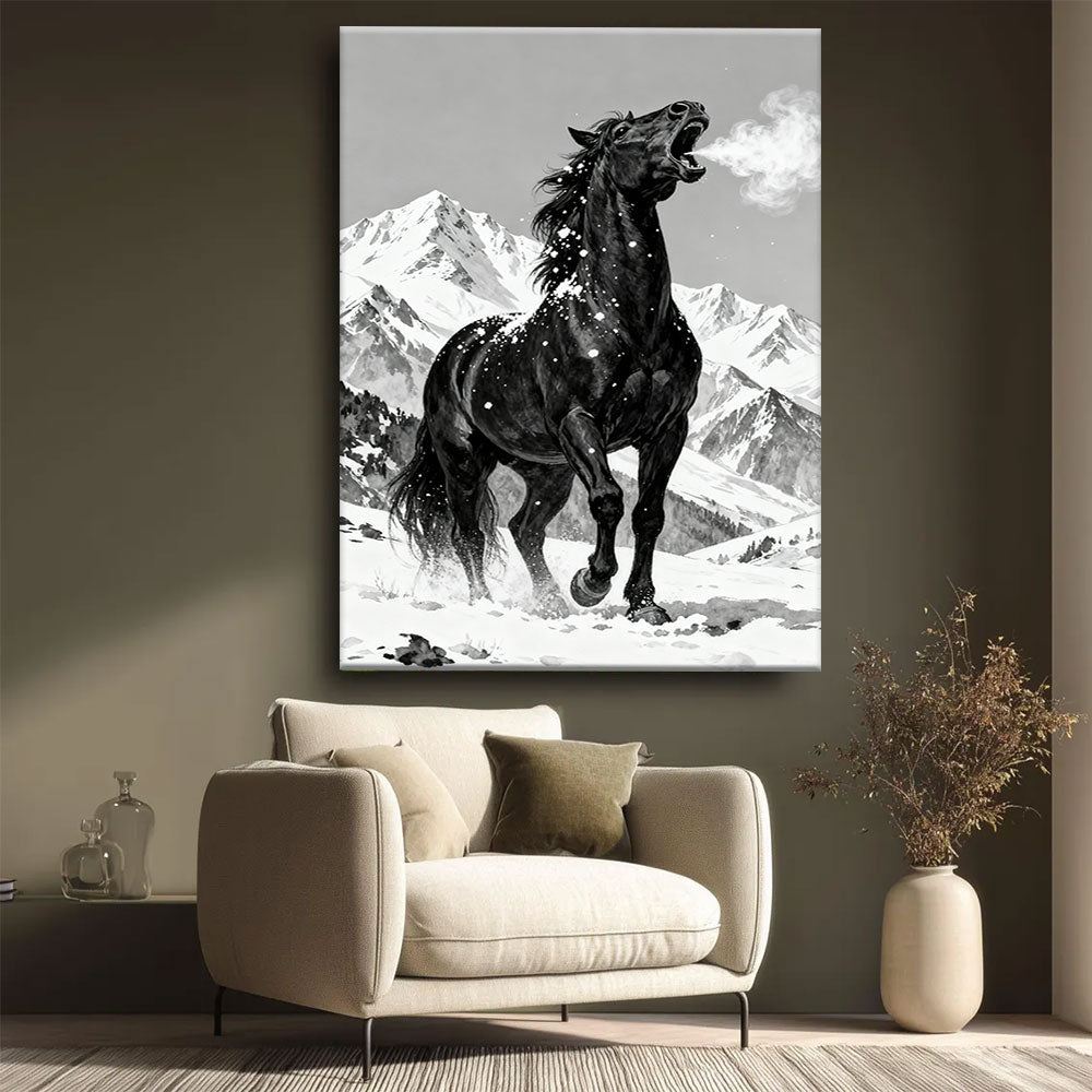 Alpine Black Horse horse wall art, styled beside a neutral armchair.