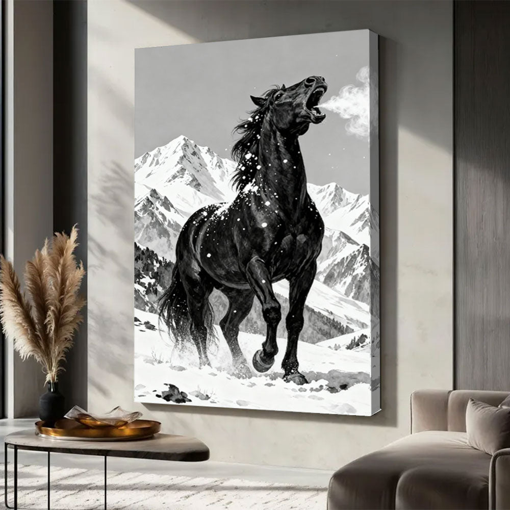 Alpine Black Horse horse wall art, displayed in a neutral living space.