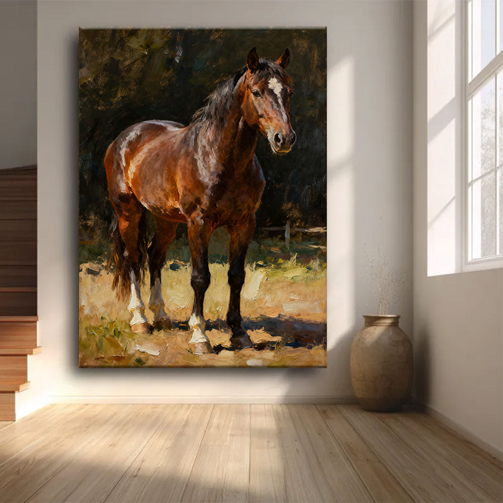 Woodland Chestnut horse wall art, front view in a softly lit room.