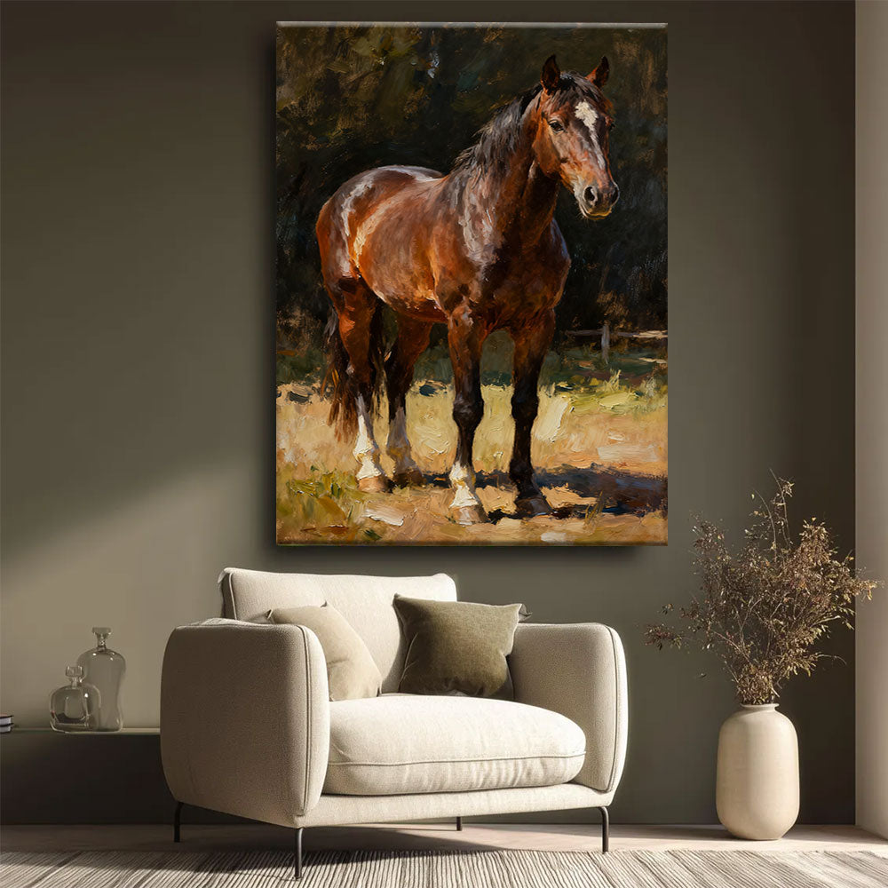 Woodland Chestnut horse wall art, styled beside a neutral armchair.
