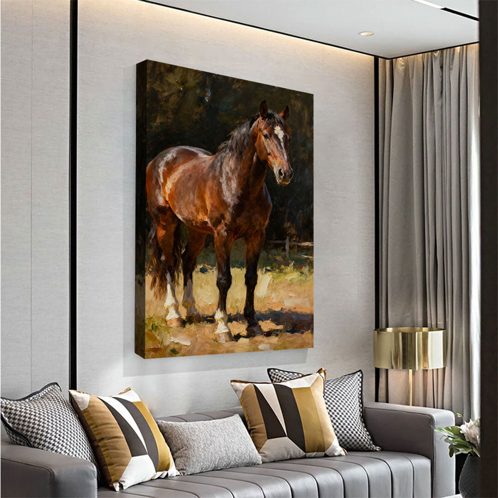 Woodland Chestnut horse wall art, angled view above a neutral sofa.