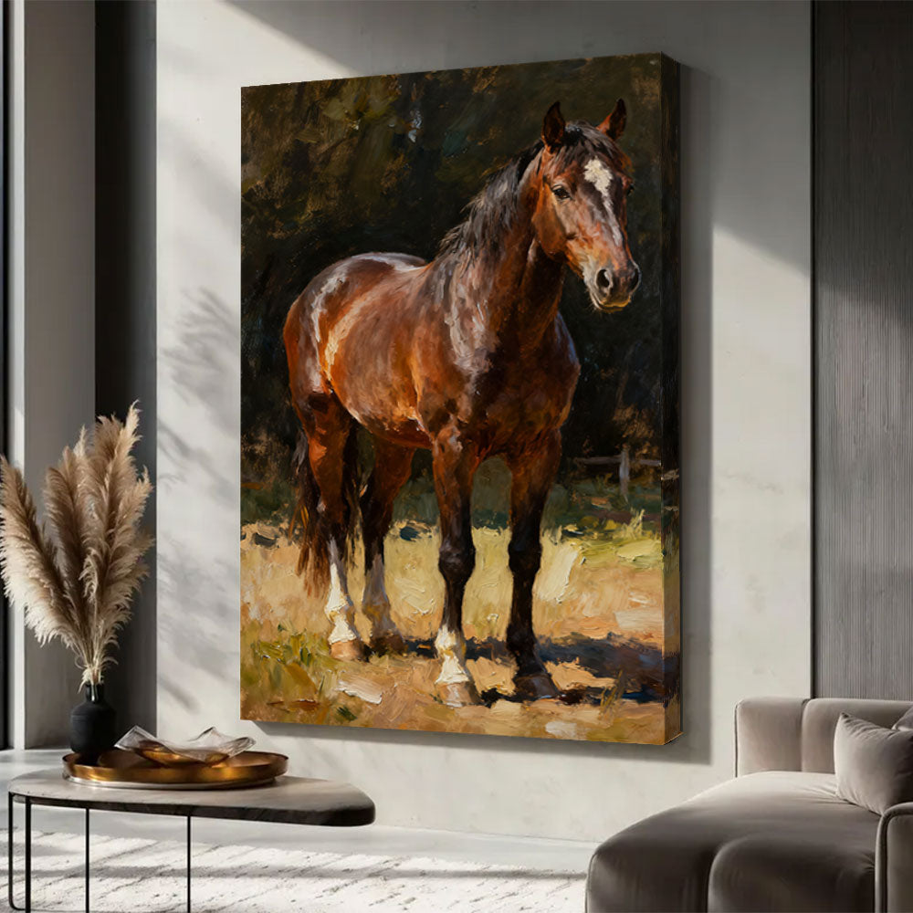 Woodland Chestnut horse wall art, displayed in a neutral living space.