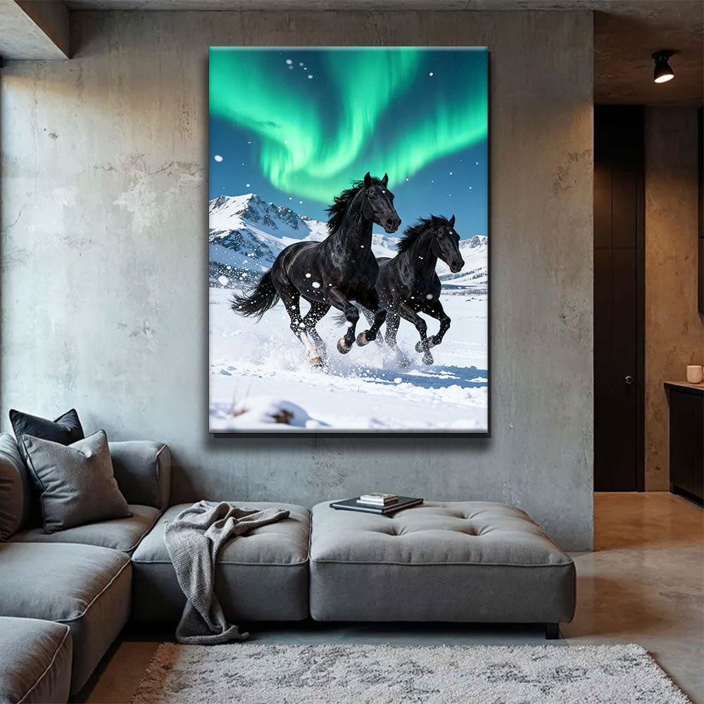 Under Northern Lights horse wall art, displayed above a gray sofa.