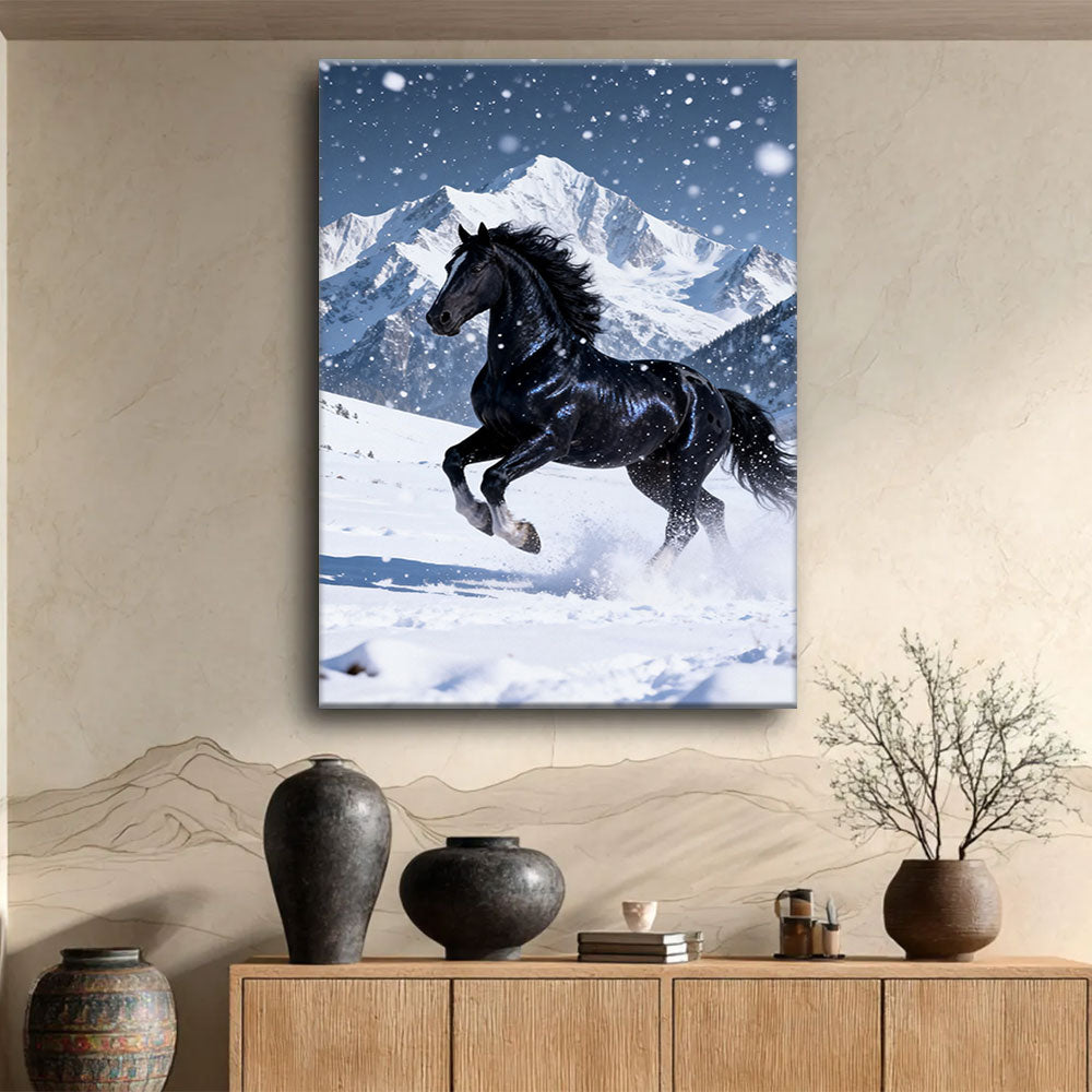 Snowfall Runner horse wall art, displayed above a wooden console.