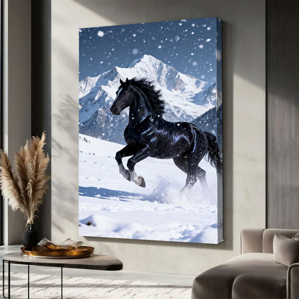 Snowfall Runner horse wall art, displayed in a neutral living space.
