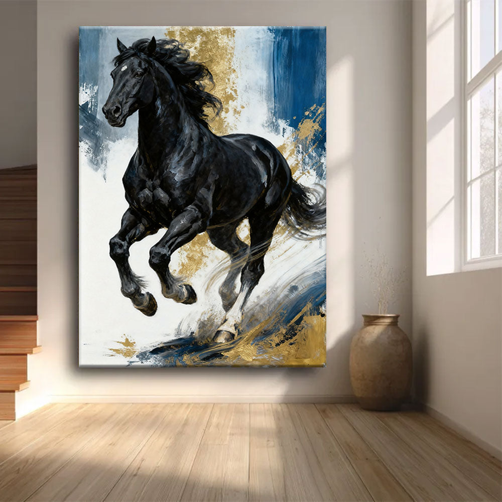 Blue and Gold Gallop horse wall art, front view in a softly lit room.
