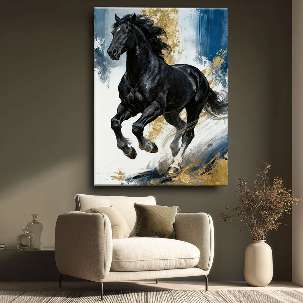 Blue and Gold Gallop horse wall art, styled beside a neutral armchair.