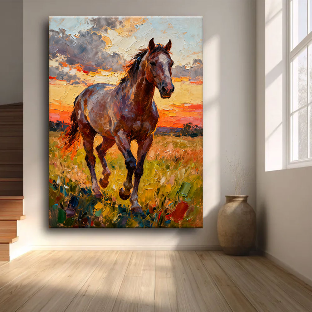 Meadow at Sundown horse wall art, front view in a softly lit room.