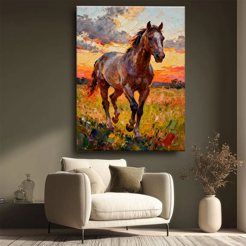 Meadow at Sundown horse wall art, styled beside a neutral armchair.
