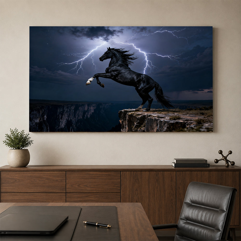 Storm on the Ridge horse wall art, styled above a console with a chair.